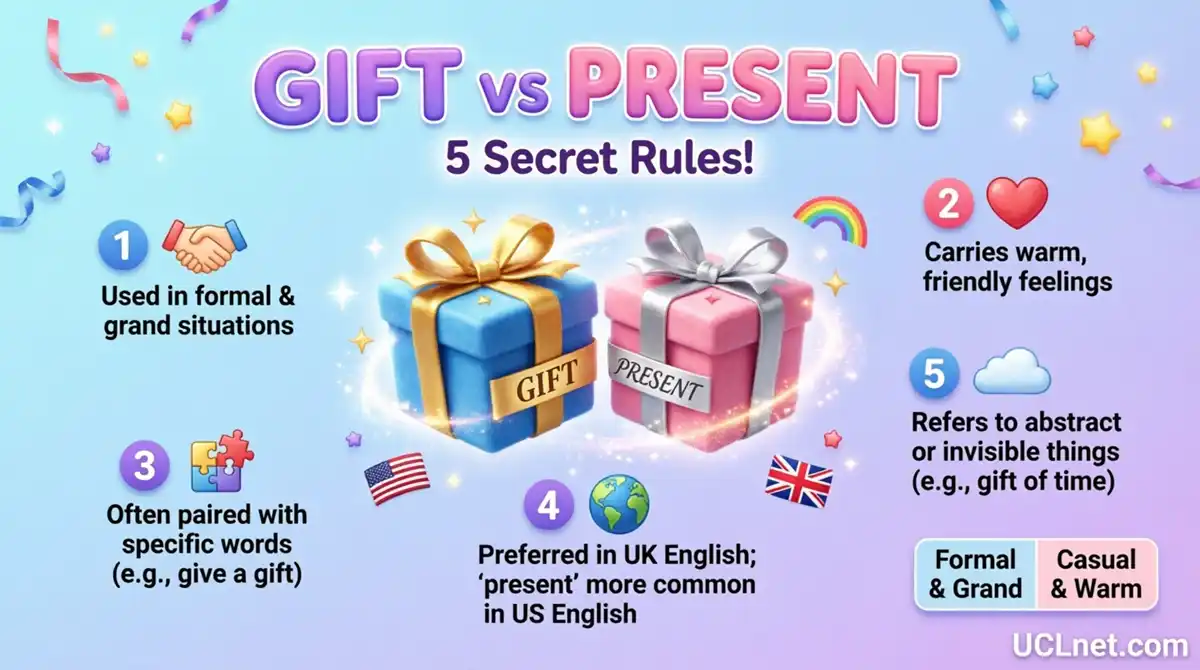 gift-vs-present-difference-english-vocabulary-infographic-uclnet Educational infographic showing the difference between gift and present in English with 5 secret rules for kids learning English vocabulary - UCLnet.com