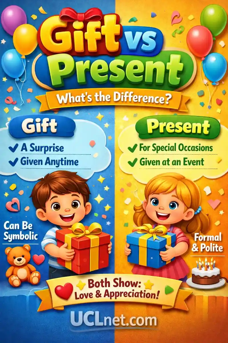 Gift vs Present Difference for Kids – English Learning Infographic – UCLnet.com 3D colorful child‑friendly infographic explaining the difference between “Gift” and “Present” in English for kids, with bright educational visuals and UCLnet.com branding – UCLnet.com