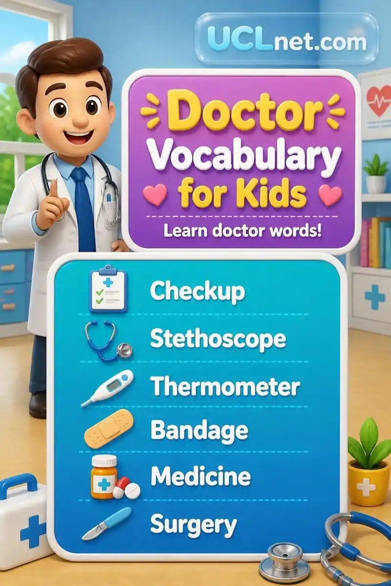 Doctor Vocabulary for Kids - UCLnet.com infographic for kids health vocabulary Doctor Vocabulary for Kids infographic with colorful 3D icons and translucent UCLnet.com logo (kid-friendly learning)