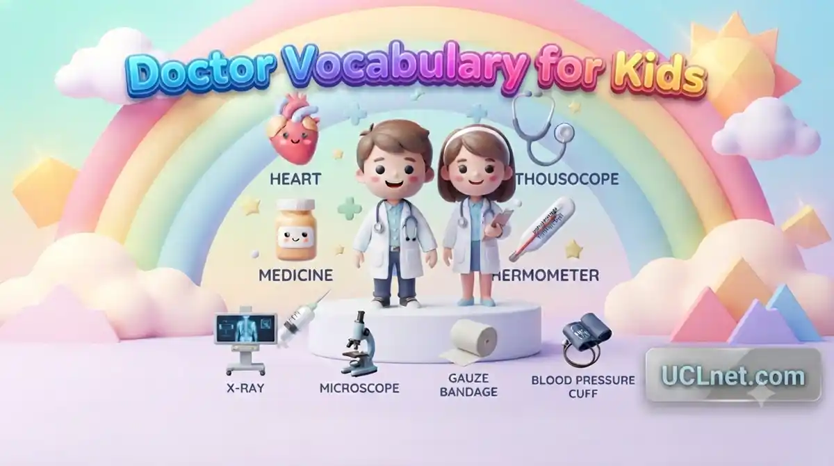 Doctor Vocabulary for Kids - Educational Infographic and Medical Terms by UCLnet.com A vibrant 3D educational infographic for kids titled 'Doctor Vocabulary for Kids', featuring a boy and girl doctor, colorful medical elements, and the UCLnet.com brand watermark