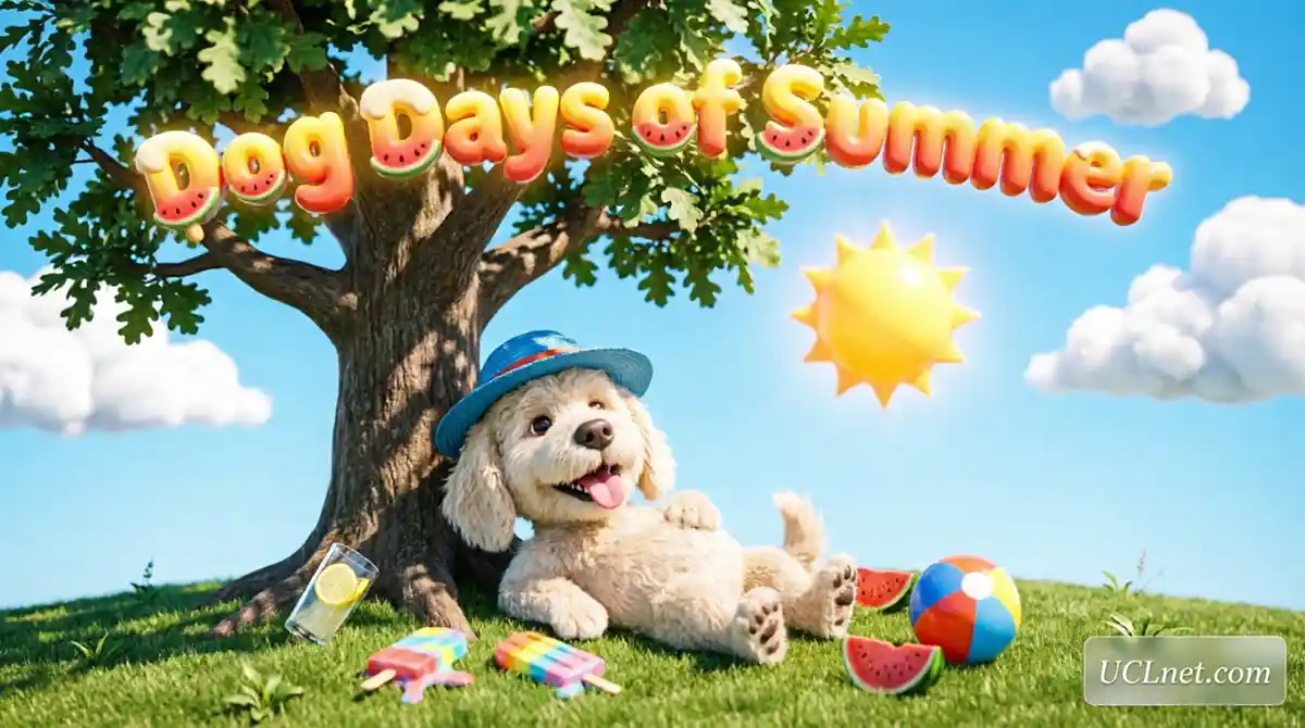 Dog Days of Summer - English Idiom for Kids | UCLnet.com Educational infographic about "Dog Days of Summer" idiom for kids learning English - cute dog relaxing in summer shade with 3D graphics from UCLnet.com