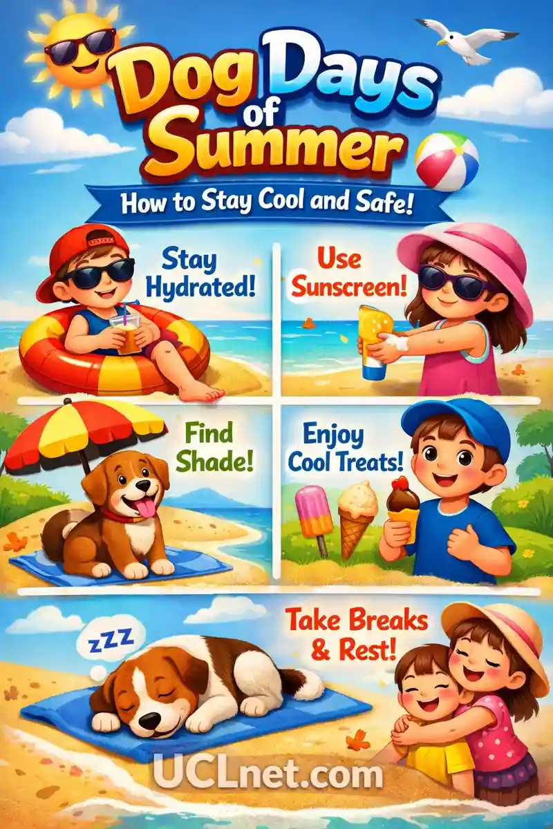 Dog Days of Summer Meaning for Kids – UCLnet.com 3D kids infographic explaining Dog Days of Summer with friendly characters and summer safety tips – UCLnet.com