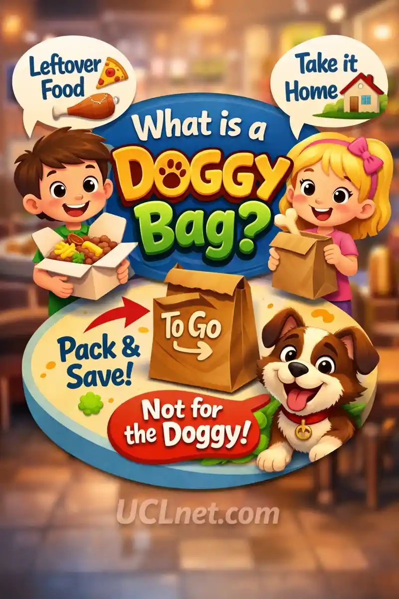 Doggy Bag Meaning for Kids – UCLnet.com 3D kids infographic explaining the meaning of Doggy Bag with simple visuals and takeaway examples – UCLnet.com