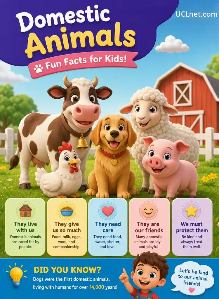 Colorful 3D kids infographic about domestic animals with educational labels – UCLnet.com