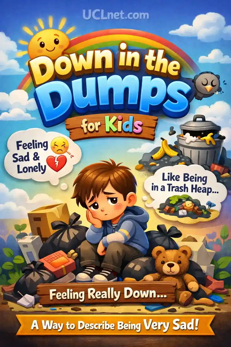Down in the Dumps Meaning for Kids – UCLnet.com Colorful 3D kids-friendly infographic explaining the idiom “Down in the Dumps” with sad emotions, simple visuals – UCLnet.com