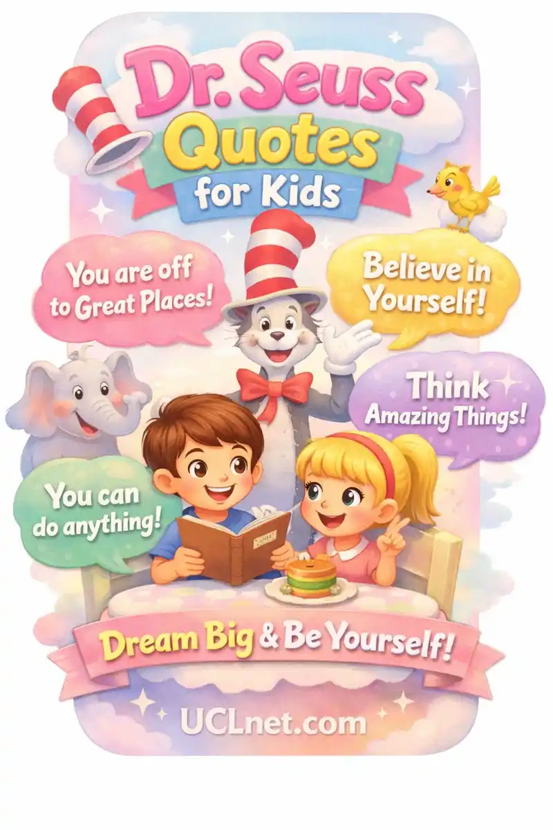 Soft pastel 3D infographic for kids featuring Dr. Seuss motivational quotes in gentle colors with cheerful characters and transparent glass UCLnet.com logo – UCLnet.com