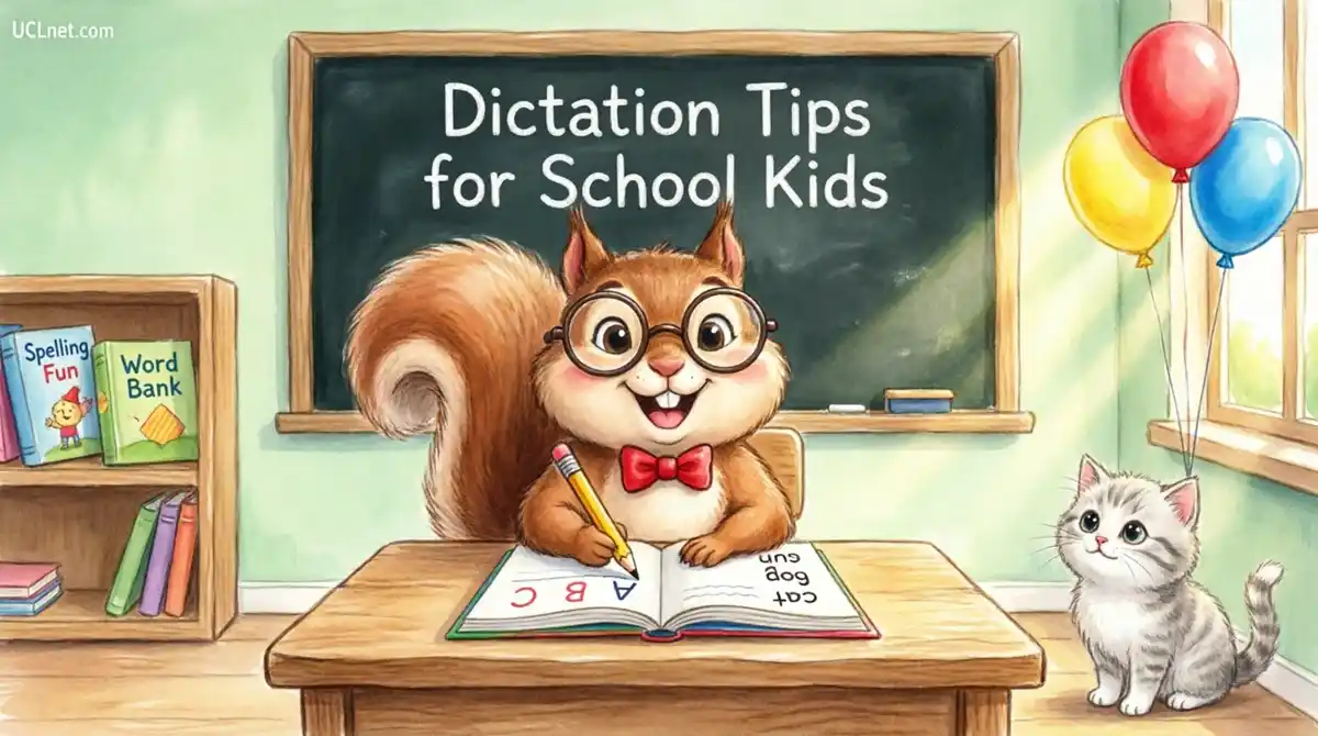 dictation-tips-for-school-kids-squirrel-classroom Cute squirrel student writing English words in notebook with chalkboard showing dictation tips for school kids, UCLnet educational illustration