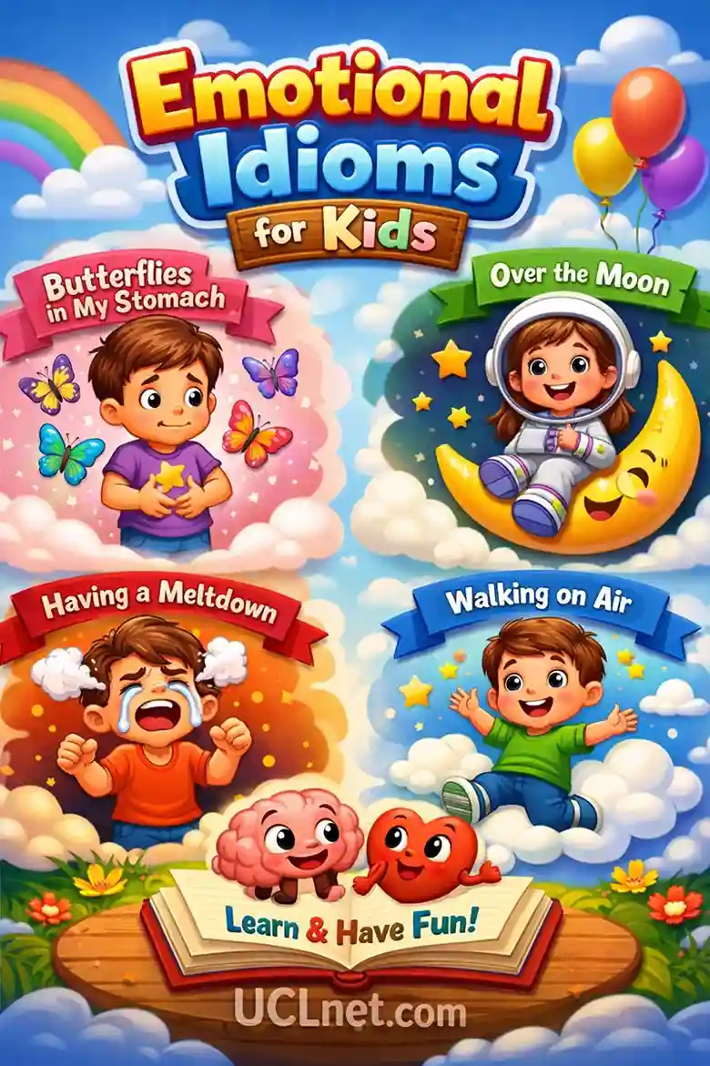 Emotional Idioms for Kids – UCLnet.com Colorful 3D kids infographic explaining emotional idioms with child‑friendly illustrations – UCLnet.com.