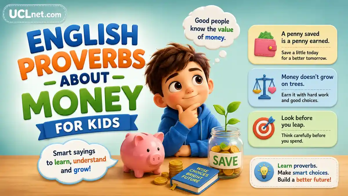 English proverbs about money for kids illustration – UCLnet.com English proverbs about money for kids with happy child saving coins in piggy bank – UCLnet.com