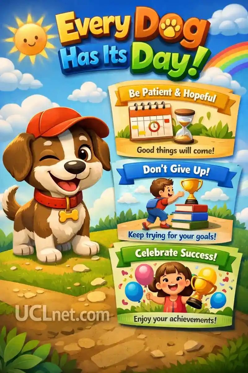 Every Dog Has Its Day Idiom for Kids – UCLnet.com 3D kids infographic illustrating the idiom “Every Dog Has Its Day” with a cheerful cartoon dog, colorful educational sections – UCLnet.com