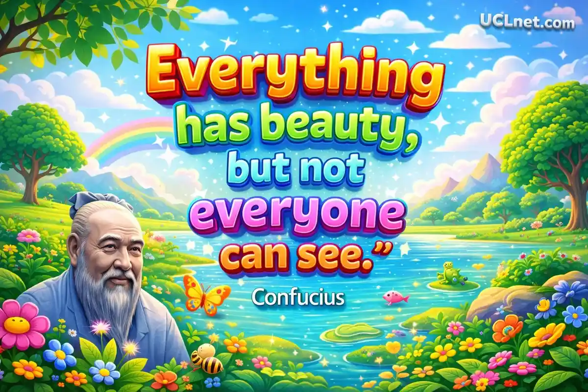 Everything Has Beauty – Confucius Quote in 3D Pixar Style Colorful 3D landscape illustration for children showing Confucius with the quote “Everything has beauty, but not everyone can see.”- UCLnet.com