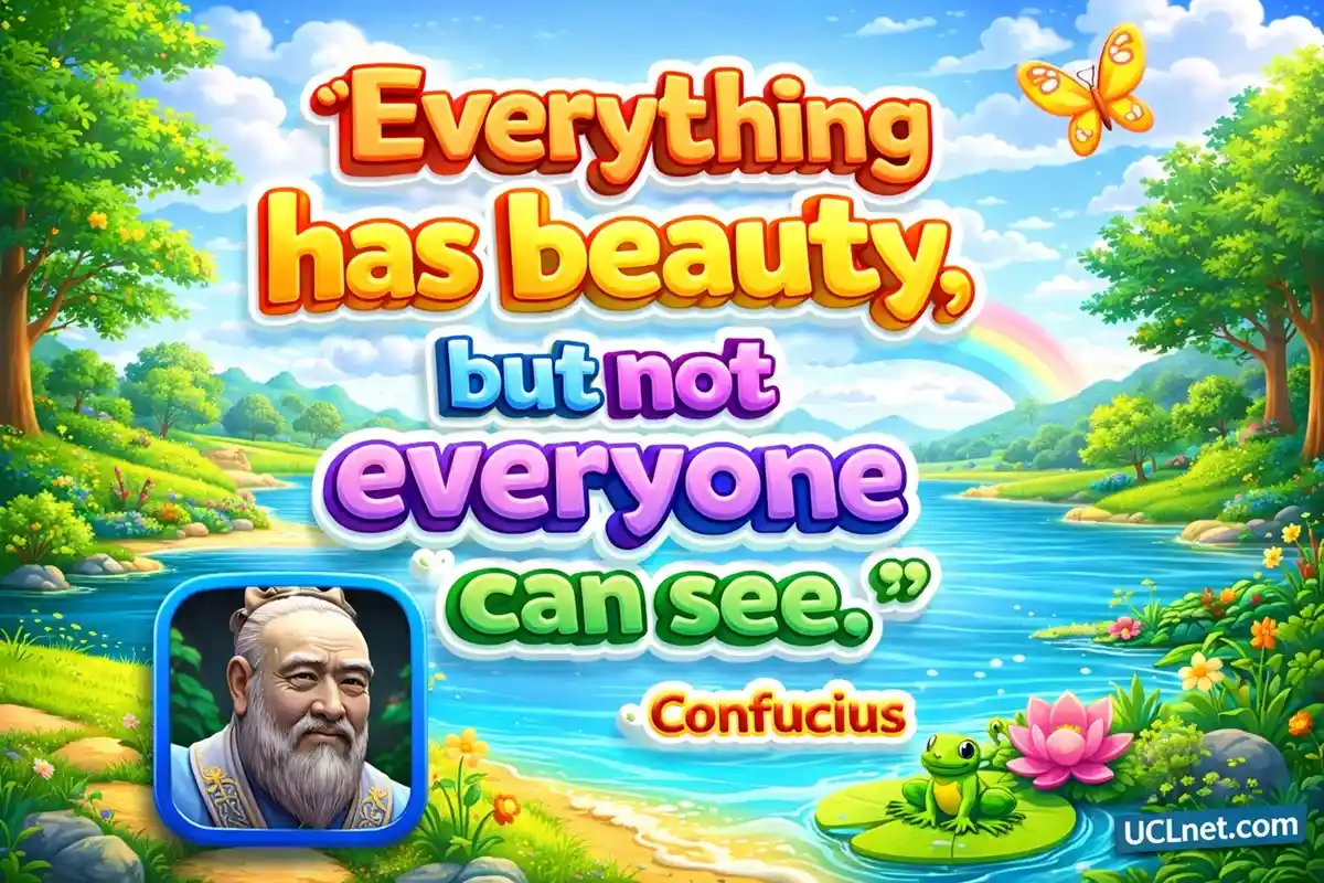 Everything Has Beauty – Colorful Confucius Landscape for Kids- UCLnet.com Child-friendly 3D artwork of Confucius with bright colors and the quote “Everything has beauty.” - UCLnet.com