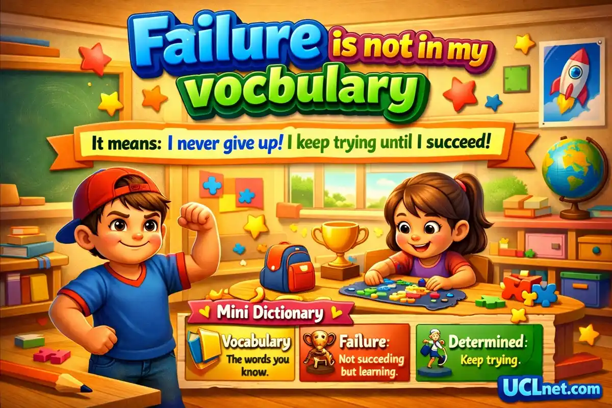 "Failure is not in my vocabulary Idiom - UCLnet.com English Learning Guide" "Infographic teaching 'Failure is not in my vocabulary' idiom with motivational illustrations. Shows meaning: never give up, origin from Napoleon Bonaparte, and when to use. UCLnet.com educational resource."