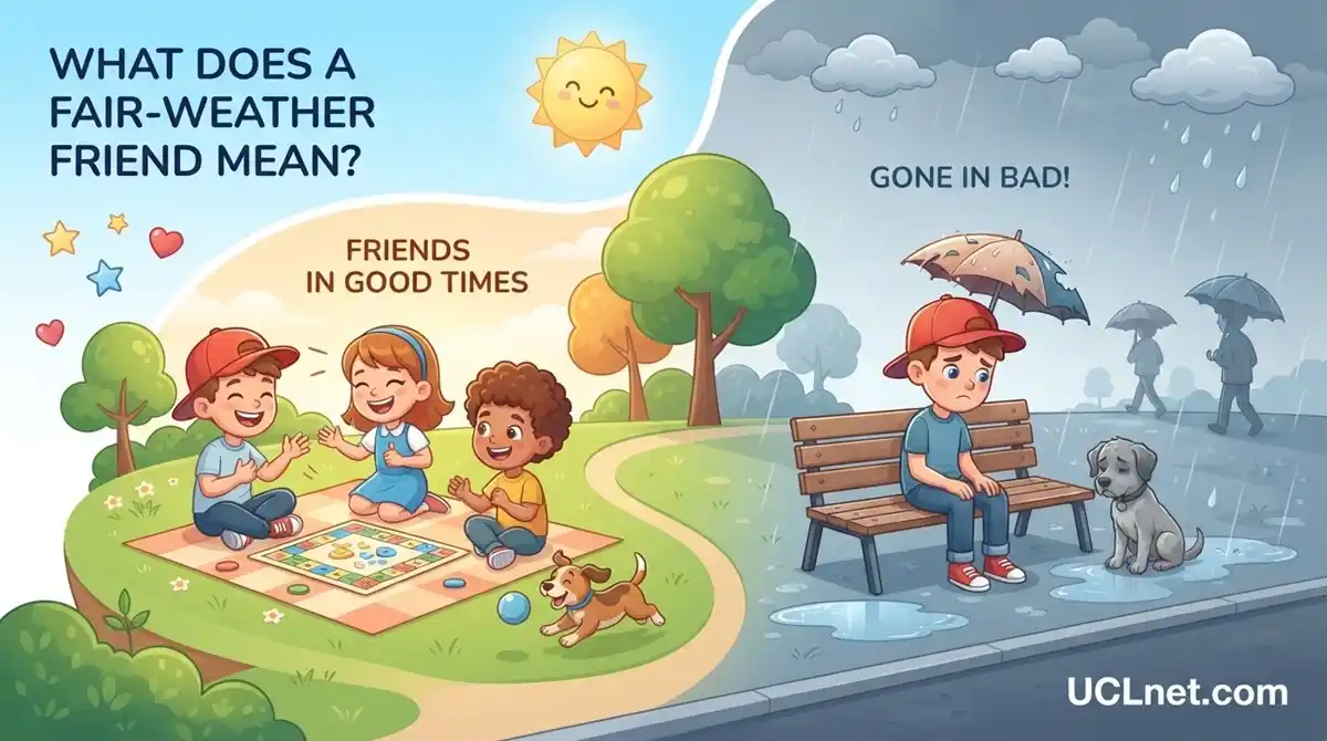 Fair-Weather Friend Meaning for Kids - UCLnet.com Fair-weather friend meaning explained for children through fun 3D educational infographics - UCLnet.com