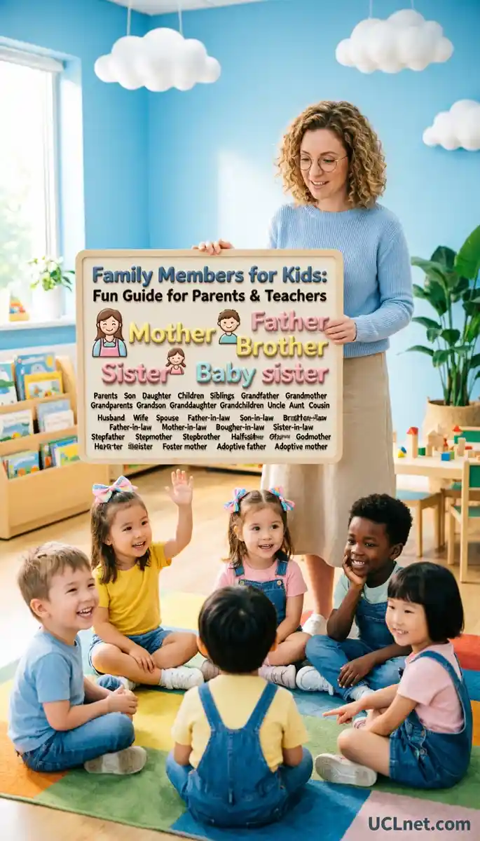 Family Members for Kids - UCLnet.com 3D educational infographic teaching family members for kids with colorful icons for UCLnet.com