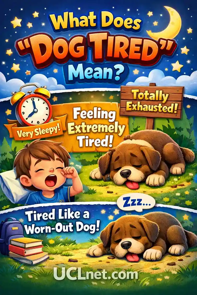 Dog-tired Idiom for Kids – UCLnet.com Minimal 3D kids infographic explaining the idiom Dog-tired – UCLnet.com