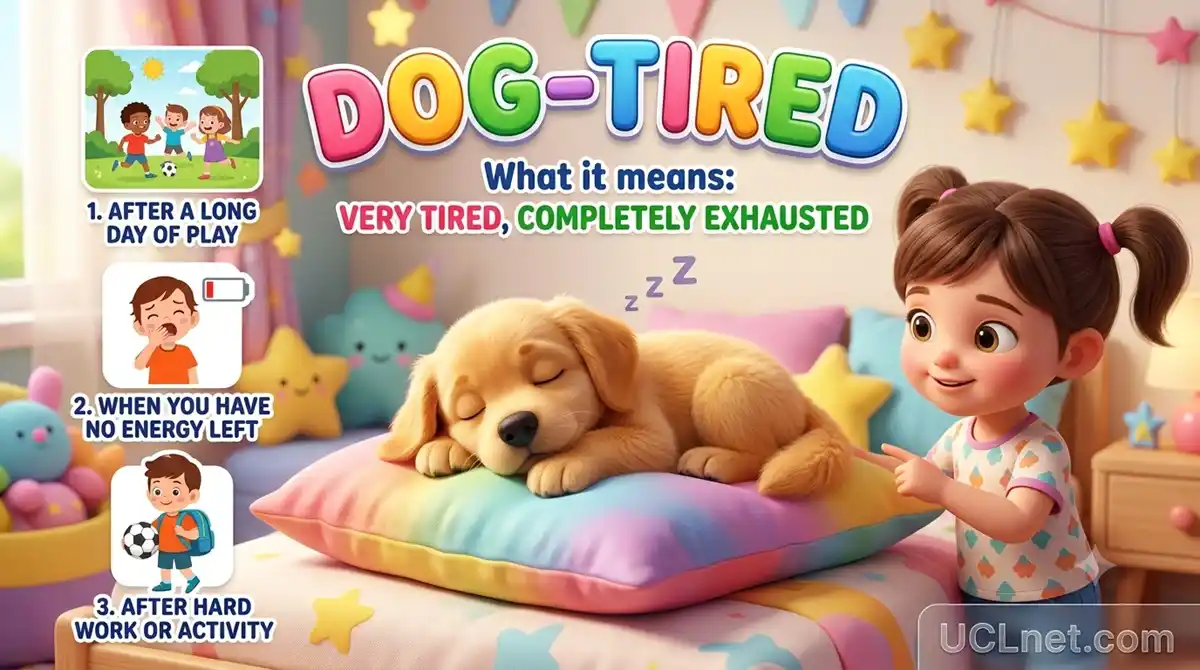 Dog-tired Idiom for Kids – UCLnet.com An educational 3D infographic for kids explaining the idiom Dog-tired featuring a sleepy cartoon puppy on UCLnet.com
