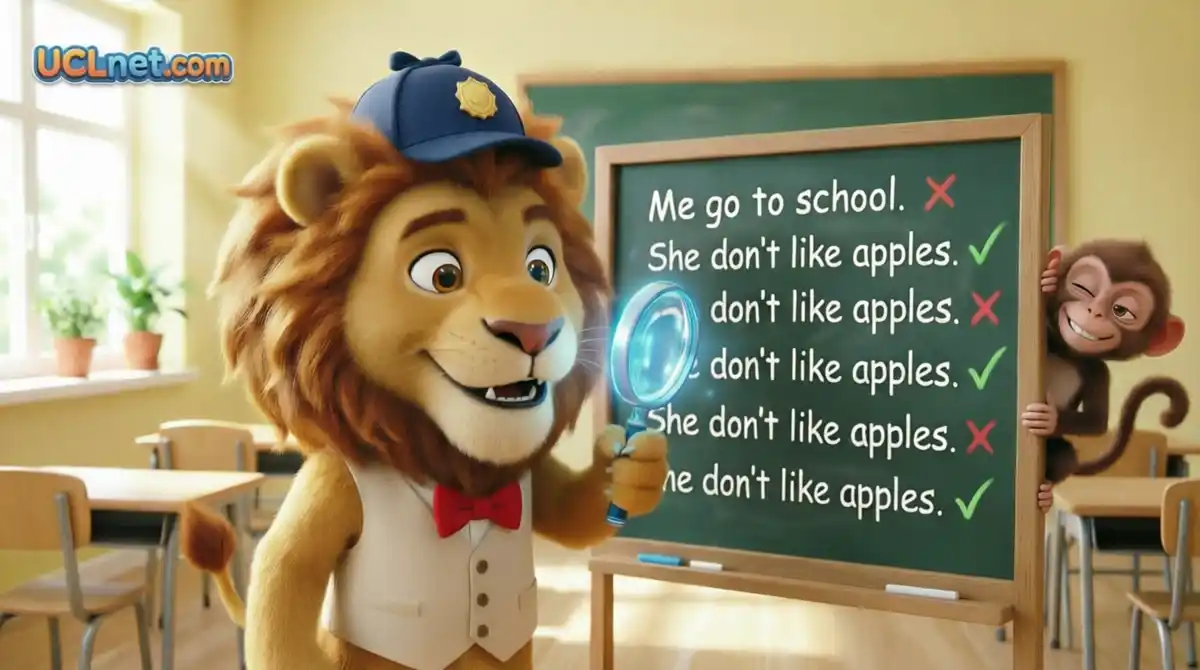 common-mistakes-in-English-grammar-detective-lion - UCLnet.com A friendly cartoon lion detective fixing broken puzzle pieces of common mistakes in English grammar on a big classroom board, UCLnet educational illustration