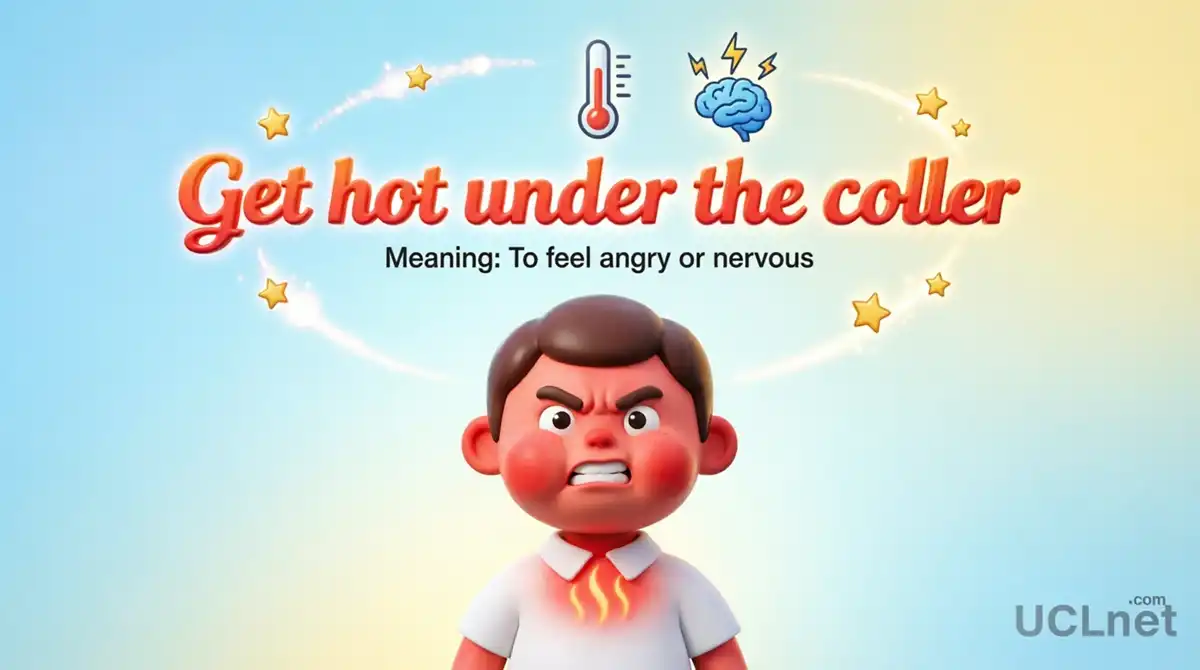 Get-Hot-Under-The-Collar-English-Idiom-Infographic-Kids-- UCLnet.com Colorful 3D infographic for kids teaching English idiom "Get hot under the collar" with cute cartoon character showing angry expression - UCLnet.com