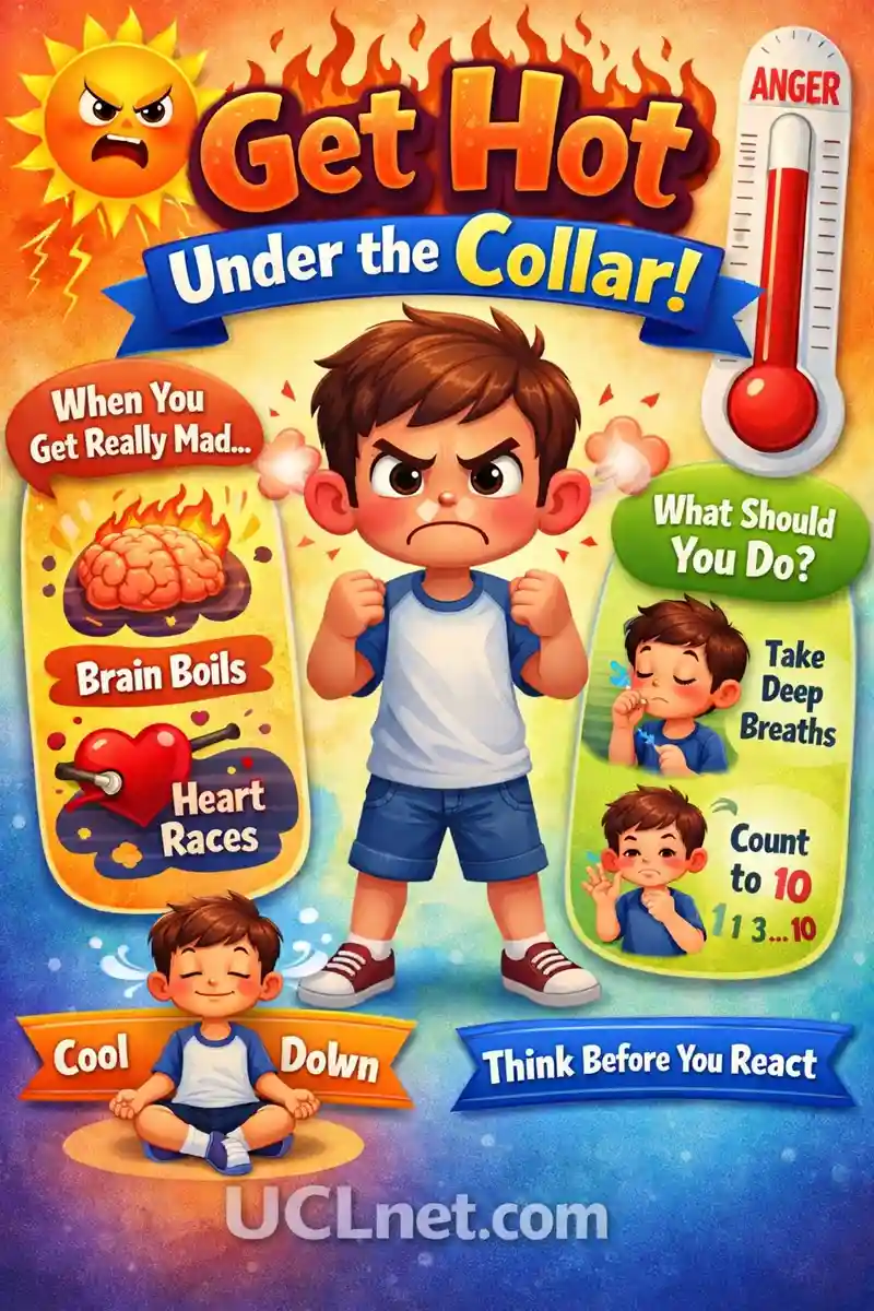 Get Hot Under the Collar Idiom for Kids – UCLnet.com 3D kids infographic explaining the idiom “Get Hot Under the Collar” with emotional‑education visuals – UCLnet.com