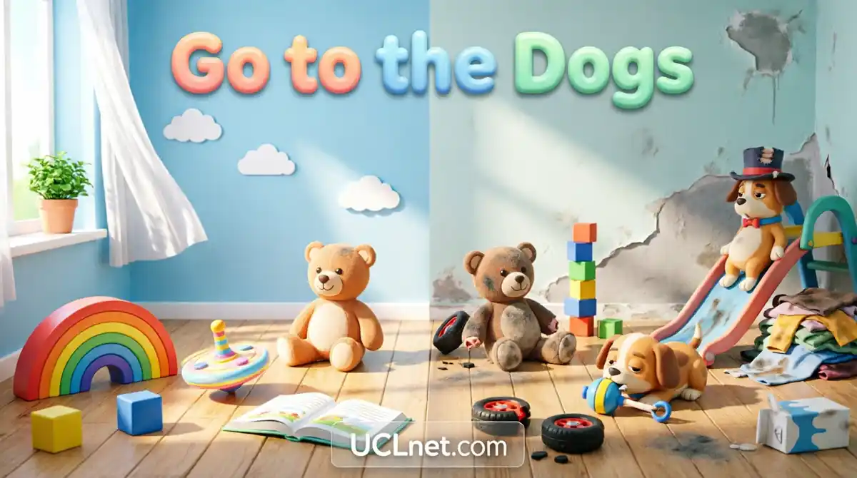 Educational 3D infographic illustration showing the "go to the dogs" idiom meaning for kids - UCLnet.com