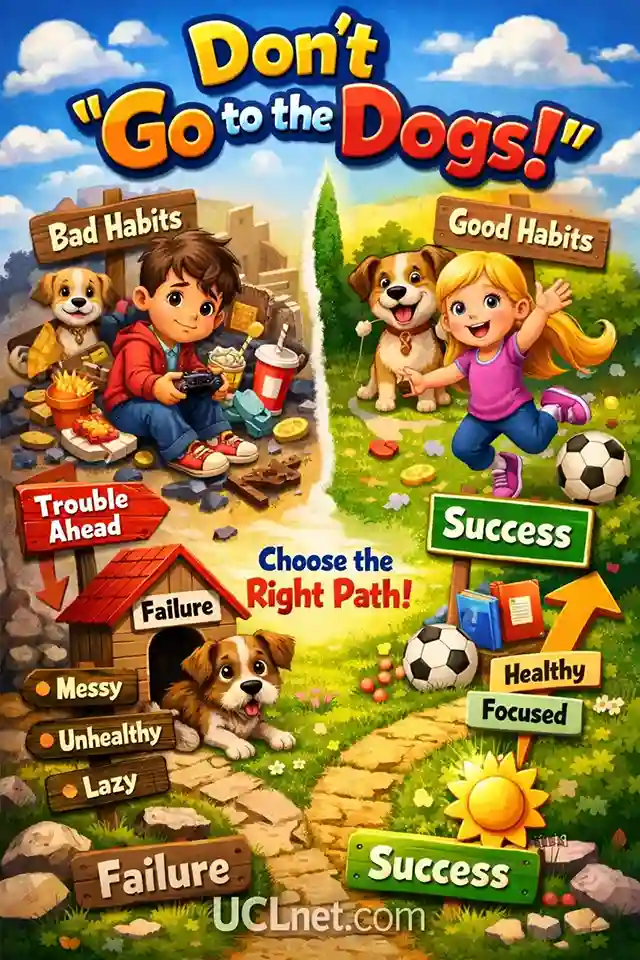 3D kids infographic explaining the meaning of “Go to the Dogs” with clear visuals and child‑friendly examples – UCLnet.com