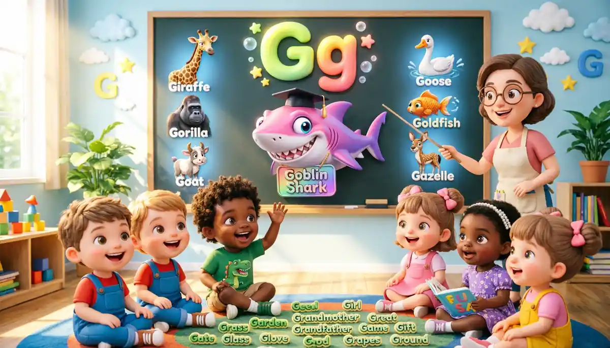 A happy child learning letter G with a cute shark - Goblin Shark alphabet - UCLnet.com