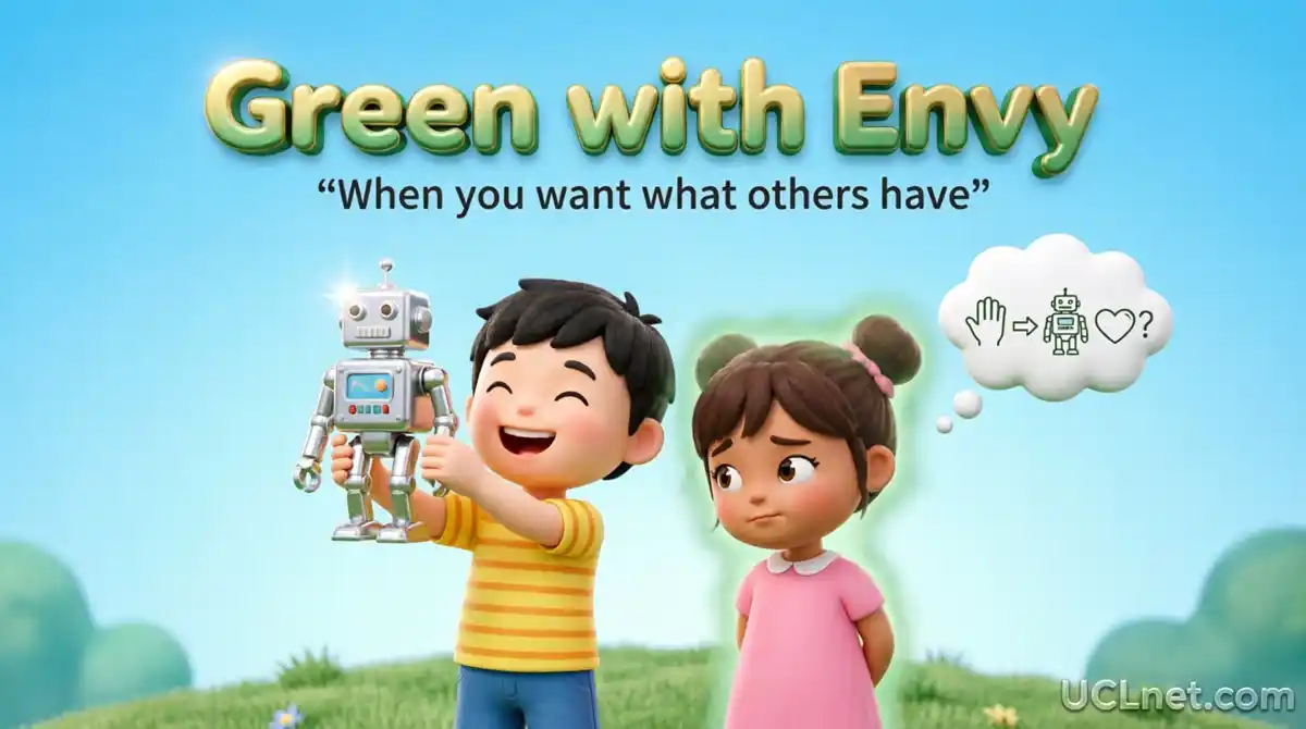 Fun 3D infographic explaining Green with Envy meaning for kids - UCLnet.com
