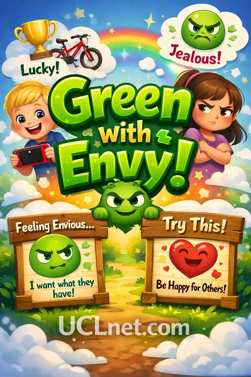 Colorful 3D kids infographic explaining “Green with Envy” meaning clearly – UCLnet.com
