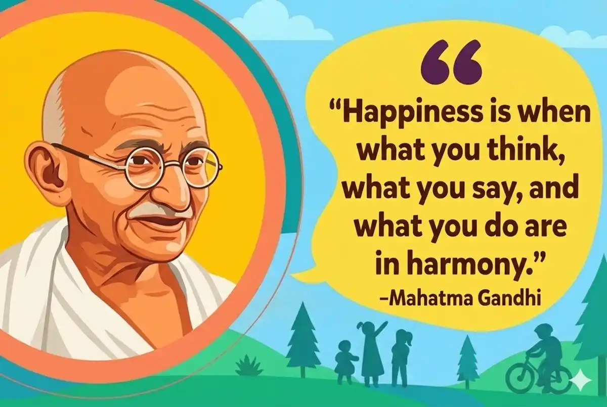 Mahatma Gandhi cartoon character smiling peacefully.