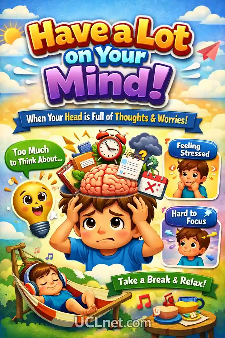 Have a Lot on Your Mind Idiom for Kids – UCLnet.com Colorful 3D kids infographic explaining the idiom “Have a Lot on your Mind” with simple visuals and UCLnet.com branding.