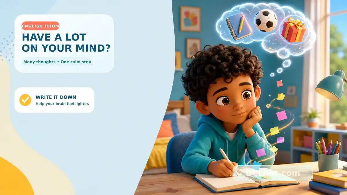 Have a Lot on Your Mind Idiom for Kids: Declutter Your Brain | UCLnet.com Child-friendly 3D infographic explaining “Have a Lot on Your Mind,” showing a child organizing thoughts about school, sports, and a birthday by writing them down | UCLnet.com