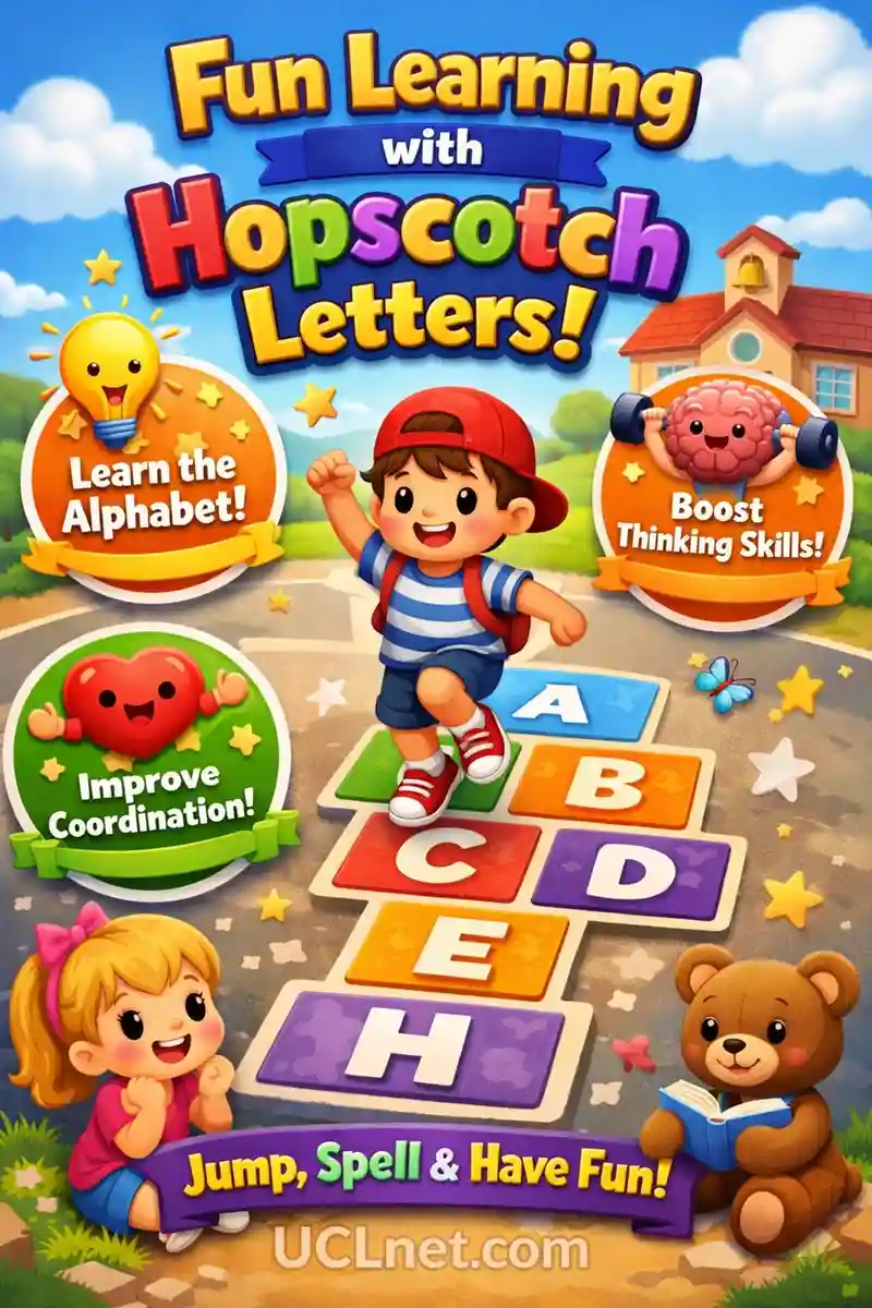 Hopscotch Letters Learning Guide – UCLnet.com Colorful 3D hopscotch letters infographic for kids’ learning and coordination – UCLnet.com