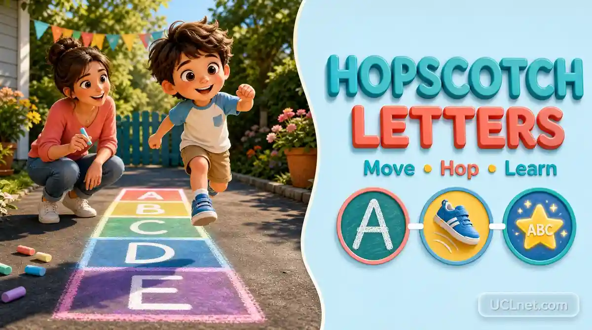 Hopscotch Letters for Kids – Learn the Alphabet Through Movement | UCLnet.com 3D illustration of a young child hopping on colorful alphabet hopscotch letters outdoors while a parent encourages learning, with a Move, Hop, Learn guide and UCLnet.com branding