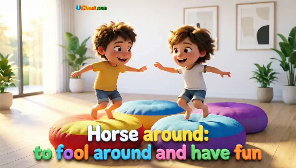 kids-playing-safely-horse-around-UCLnet.com Two cute cartoon kids happily jumping on giant colorful floor cushions in a bright living room, learning horse around meaning - UCLnet.com