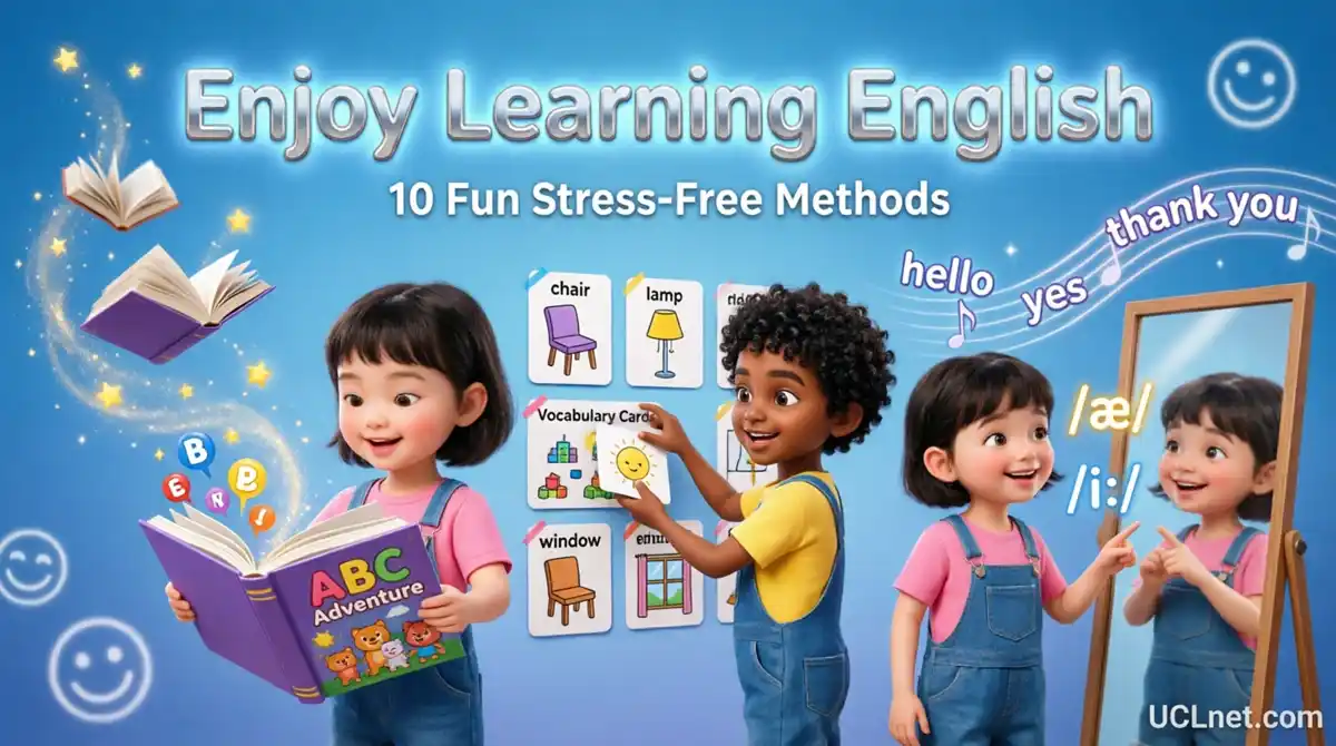 Enjoy Learning English Kids Infographic - UCLnet.com Kids enjoying English learning through reading, singing and vocabulary games - UCLnet.com