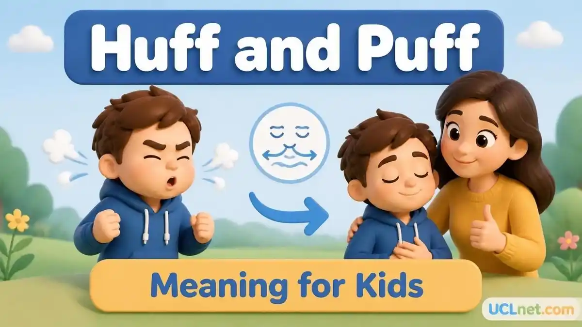 Huff and puff English idiom guide - UCLnet.com Educational infographic about Huff and puff idiom for young language learners - UCLnet.com