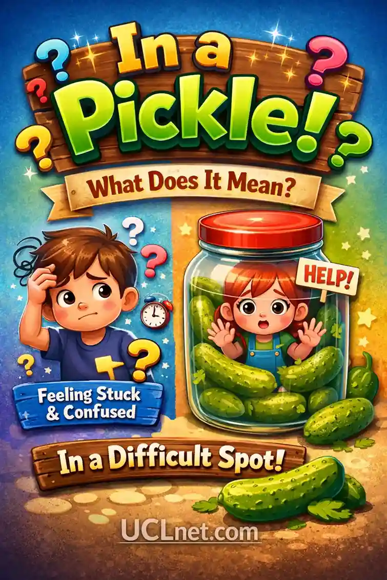 In a Pickle meaning for kids – UCLnet.com Colorful 3D kids infographic explaining “In a Pickle” meaning with playful characters – UCLnet.com