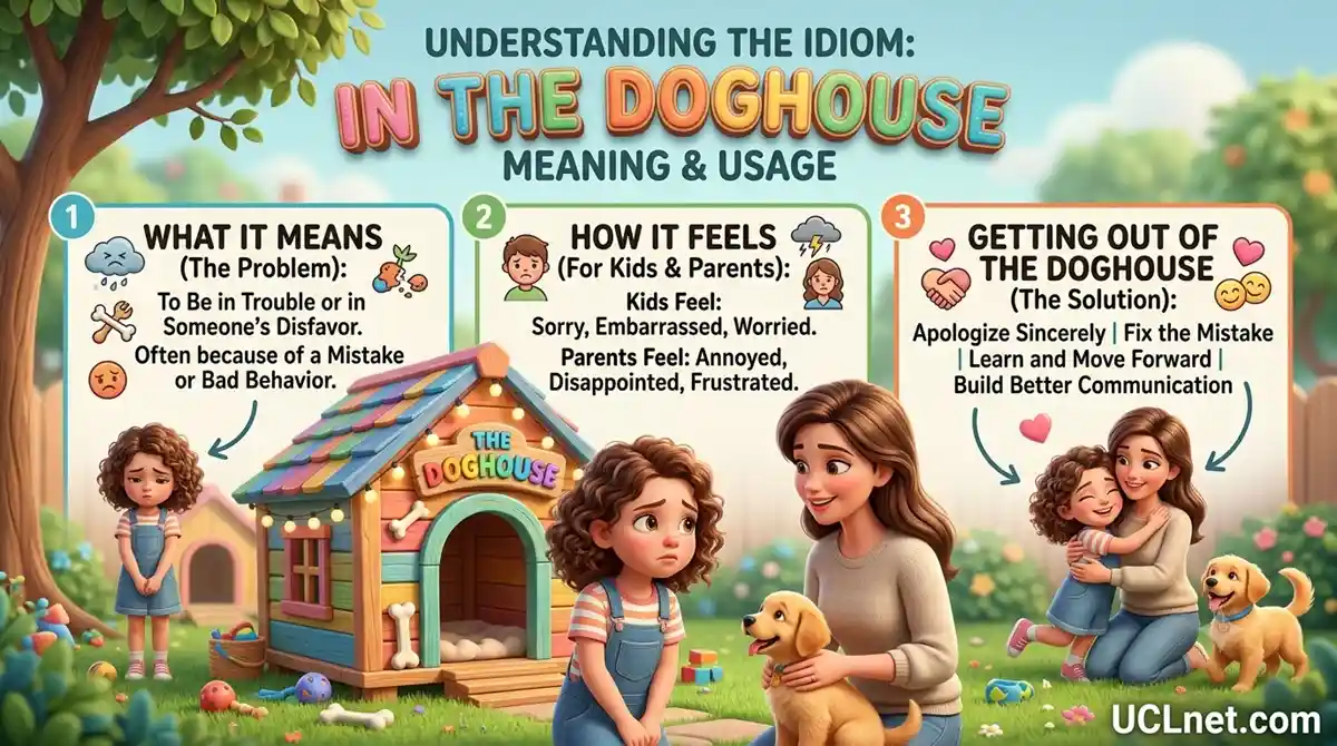 idiom-in-the-doghouse-meaning-infographic-UCLnet.com 3D educational infographic explaining the English idiom in the doghouse meaning for kids and parents on UCLnet.com