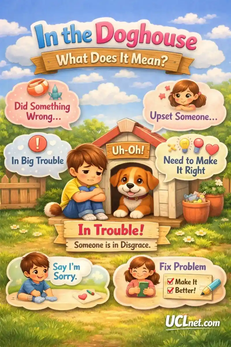 Idiom: In the Doghouse – Natural Outdoor Light 3D Educational Infographic – UCLnet.com. 3D natural‑light educational infographic explaining the idiom “in the doghouse” for kids with outdoor sunny colors and realistic visuals – UCLnet.com.
