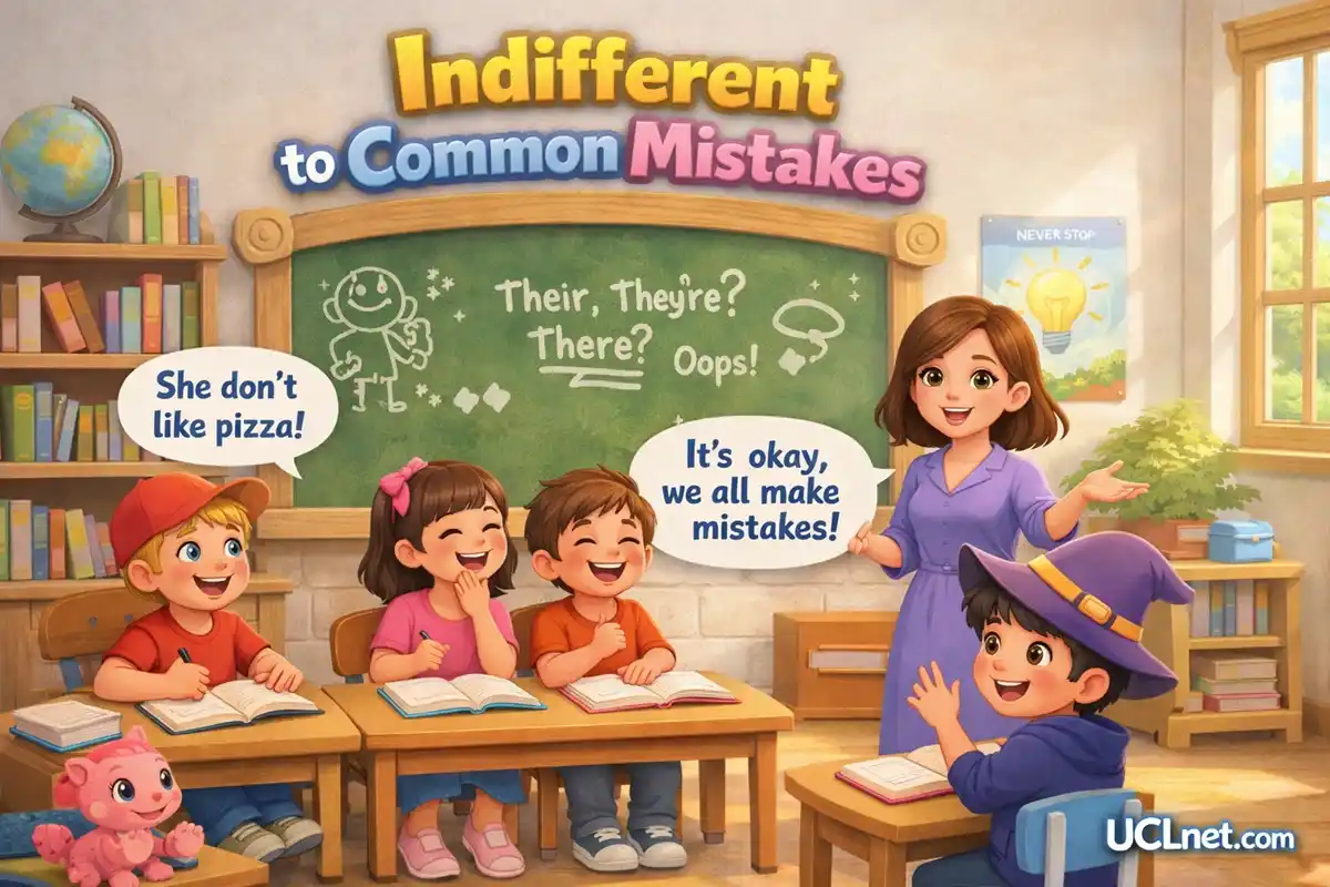 Indifferent to Common Mistakes – 3D Classroom Illustration – UCLnet.com 3D classroom illustration showing kids reacting to common English mistakes positively, with teacher guidance - UCLnet.com