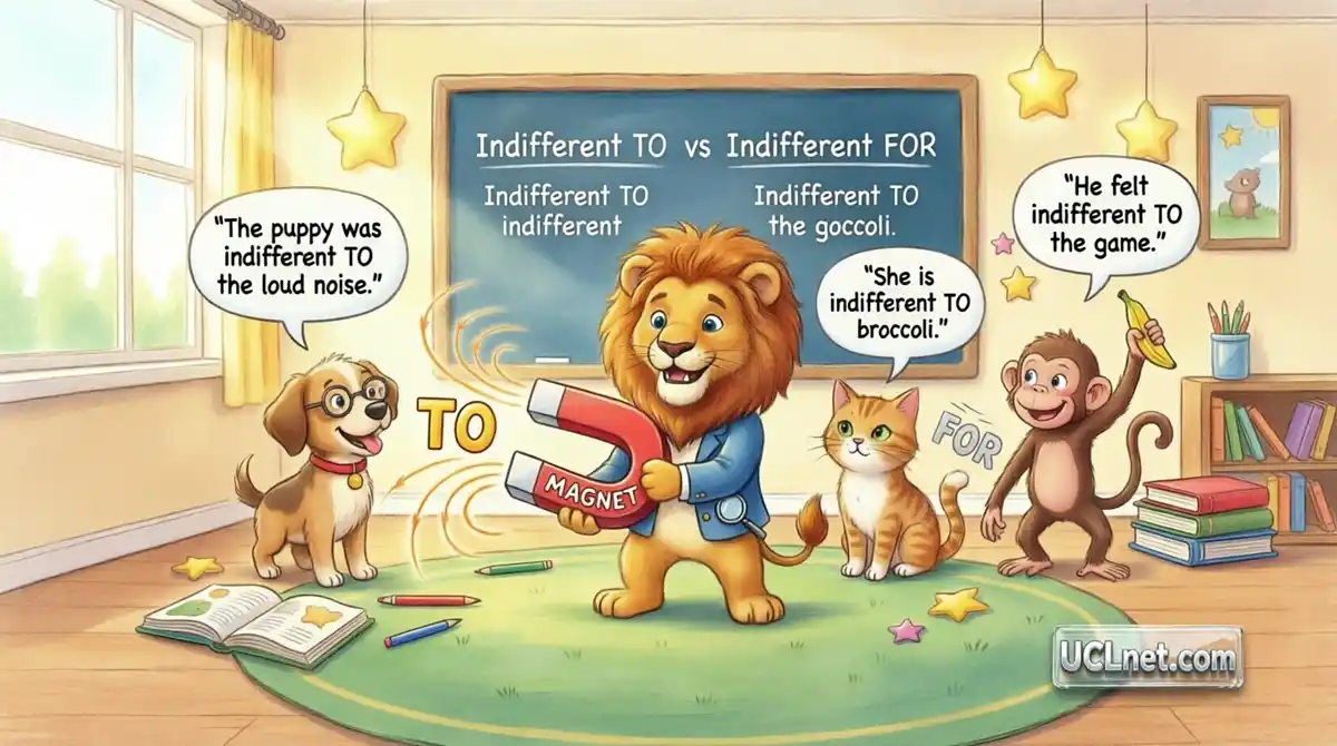 indifferent-to-vs-indifferent-for-grammar-magnet-infographic- UCLnet.com Colorful educational infographic for kids featuring Detective Leo the lion using a magnet to teach the correct grammar rule "indifferent to" versus the common mistake "indifferent for", with cute animal characters and example sentences in a classroom setting by UCLnet.com.
