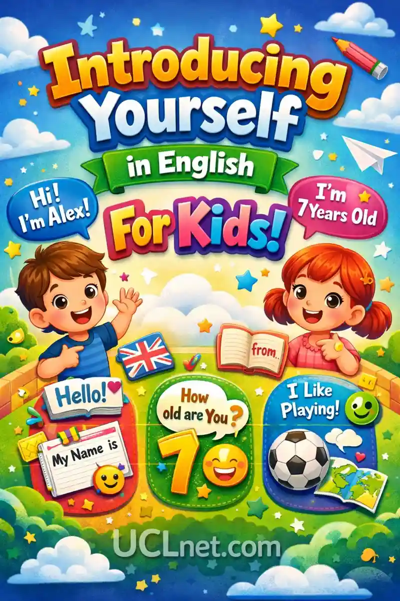 Introducing Yourself in English for Kids – UCLnet.com Colorful 3D educational infographic for kids teaching how to introduce themselves in English, featuring friendly characters, simple phrases, and a transparent UCLnet.com logo – UCLnet.com