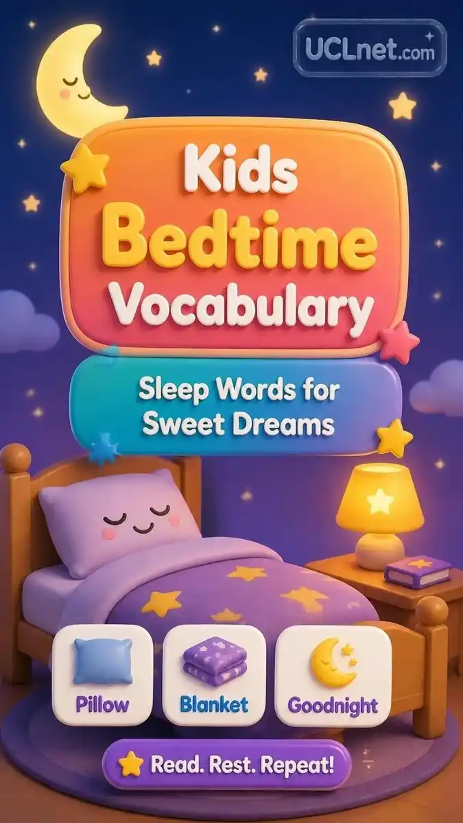 Kids Bedtime Vocabulary – UCLnet.com Evening Learning Infographic Children learning bedtime vocabulary through sweet dreams routines and stories on UCLnet.com