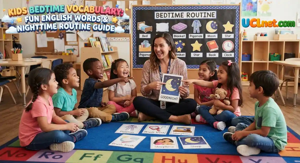 Kids Bedtime Vocabulary – UCLnet.com Educational Infographic An engaging HD image of an American kindergarten classroom with diverse children and a teacher learning English bedtime vocabulary,