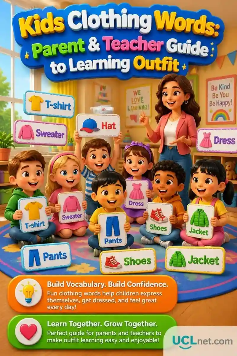 Kids-Clothing-Words-UCLnet.com-Practice Happy children learning kids clothing words with interactive games and parent guidance on UCLnet.com