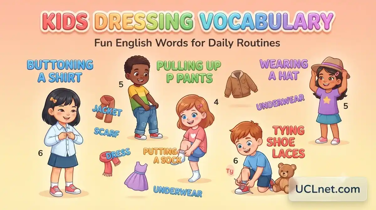 Kids Dressing Vocabulary infographic with 3D words and UCLnet.com