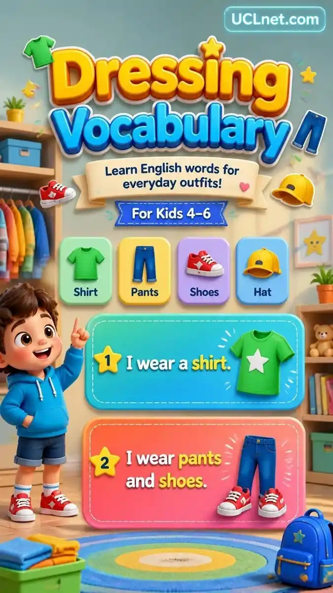 Kids Dressing Vocabulary – UCLnet.com Clothing and Morning Routine Learning Infographic