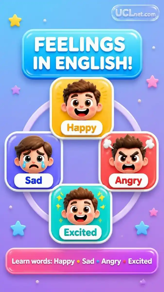 3D educational infographic teaching kids emotions words with colorful icons for UCLnet.com
