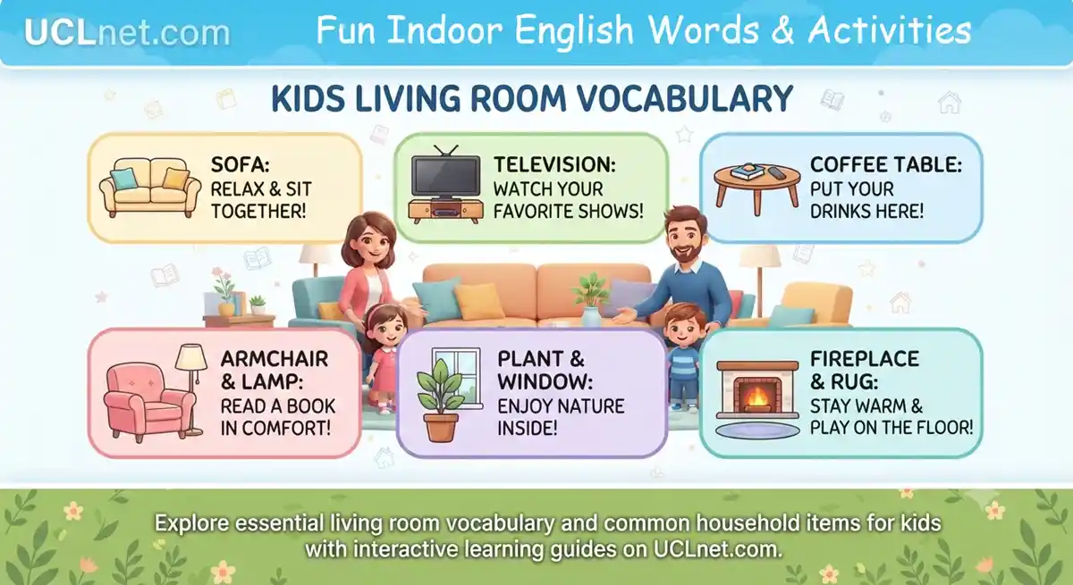 Kids Living Room Vocabulary - UCLnet.com Educational Infographic Infographic for kids living room vocabulary and furniture items on UCLnet.com.